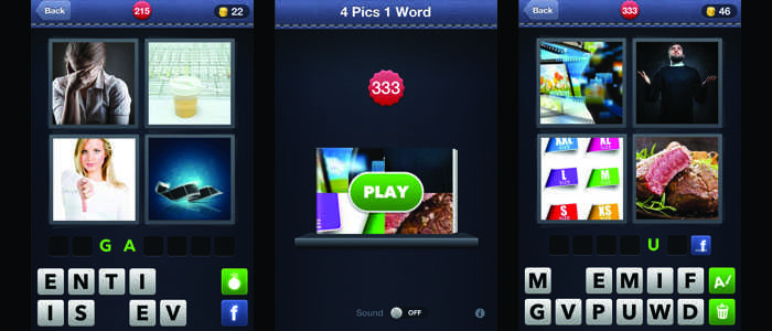 Screenshots of the game 4 Pics 1 Word. Photo illustration by ILAF ESUF