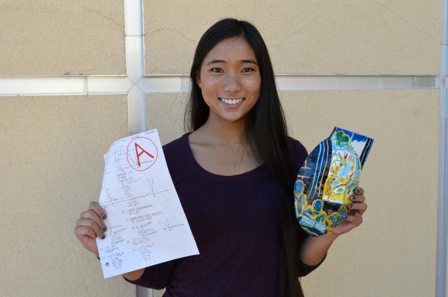 Art student Caeli Solis holds up her painted mask and graded homework. Photo illustration by Rachel Marquardt.
