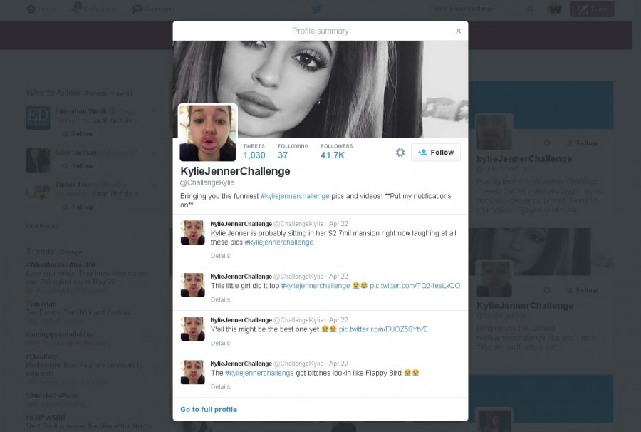 Screenshot of an account created to highlight the #kyliejennerchallenge.