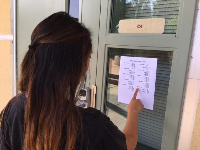 Sarah Martinez checks the SBAC testing schedule on April 13. Photo by Olivia Grahl
