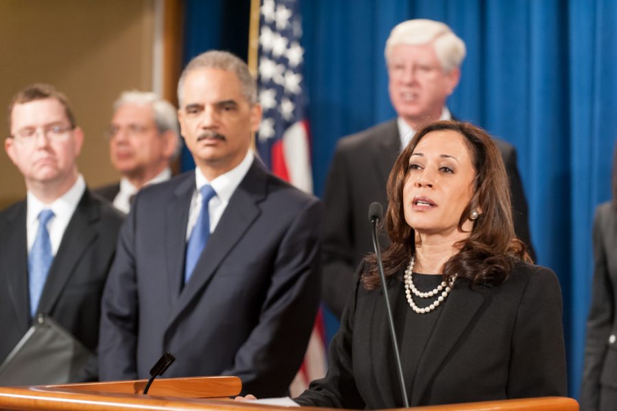 Kamala Harris, the current frontrunner of the Senate primary,  speaking at a U.S. Department of Justice event.