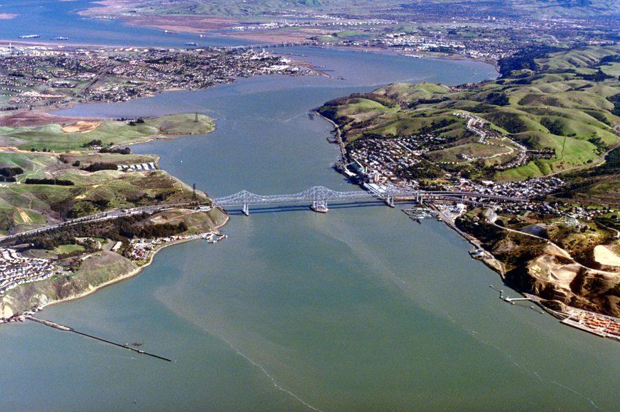 Aerial view of Carquinez Strait, which is the outflow of the Sacramento River. Photo by Robert Campbell. CC by SA_3.0