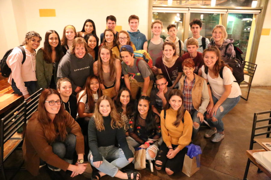 After dinner at the Dallas Grilled Cheese Company, Whitney High Student Media poses with their partners from Harrisonburg High School, Virginia and advisers Mrs. Valerie Kibler, Ms. Emilee Hussack and Mrs. Sarah Nichols.