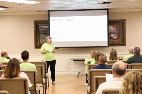 At the community forum, RTPA President Colleen Crowe explains the importance of parent engagement. Photo by Sienna Eagle