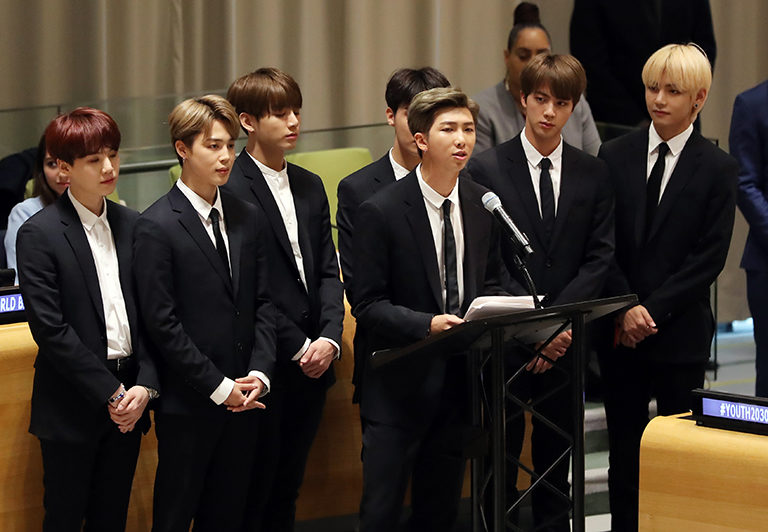 At United Nations headquarters Sept. 24, BTS leader RM makes a speech of self-love and education. The United Nations hosted a conference for representing the charity campaign UNICEF. 