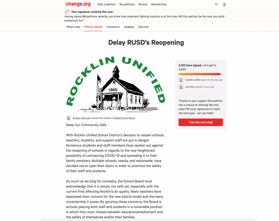 Screenshot of the “Delay RUSD’s Reopening” petition Sept. 16 at 2:12 p.m.