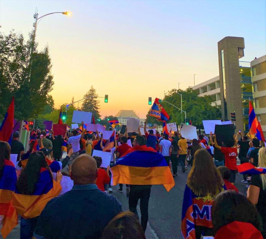 Local Armenian people gather in Sacramento on Oct. 5 to protest and spread awareness about the recent conflicts between Armenia and Azerbaijan. Photo by Diana Sahakyan