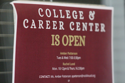 The College and Career Center is open in a new location: the library. Technicians Mrs. Amber Patterson and Rachel Lund are available to help students with concerns regarding applications. Photo by Zoe Cloud.