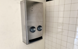 Empty feminine product dispensers in girls bathrooms on campus will be filled due to Governer Gavin Newsoms signing of the Menstrual Equity for All Act of 2021. Photo by Sofia McMaster. 
