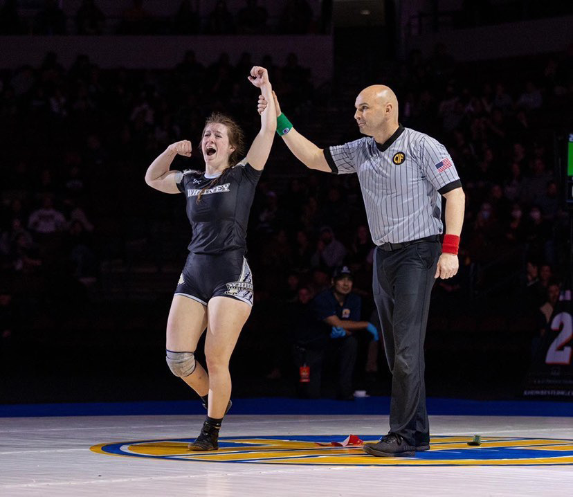 At+the+CIF+State+Championships+Feb.+26%2C+Leah+Brown+wins+in+the+150+lb.+division+against+Savannah+Lewis.++Photo+by+Chris+Mora.