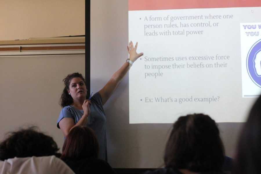 During eighth period world history Aug. 24, Mrs. Katie Staggs teaches about the varieties of governments around the world. Photo by Keira Wong.